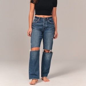 Abercrombie & Fitch Curve Love 90s Baggy Low Rise Blue Distressed Wide-Leg Jeans